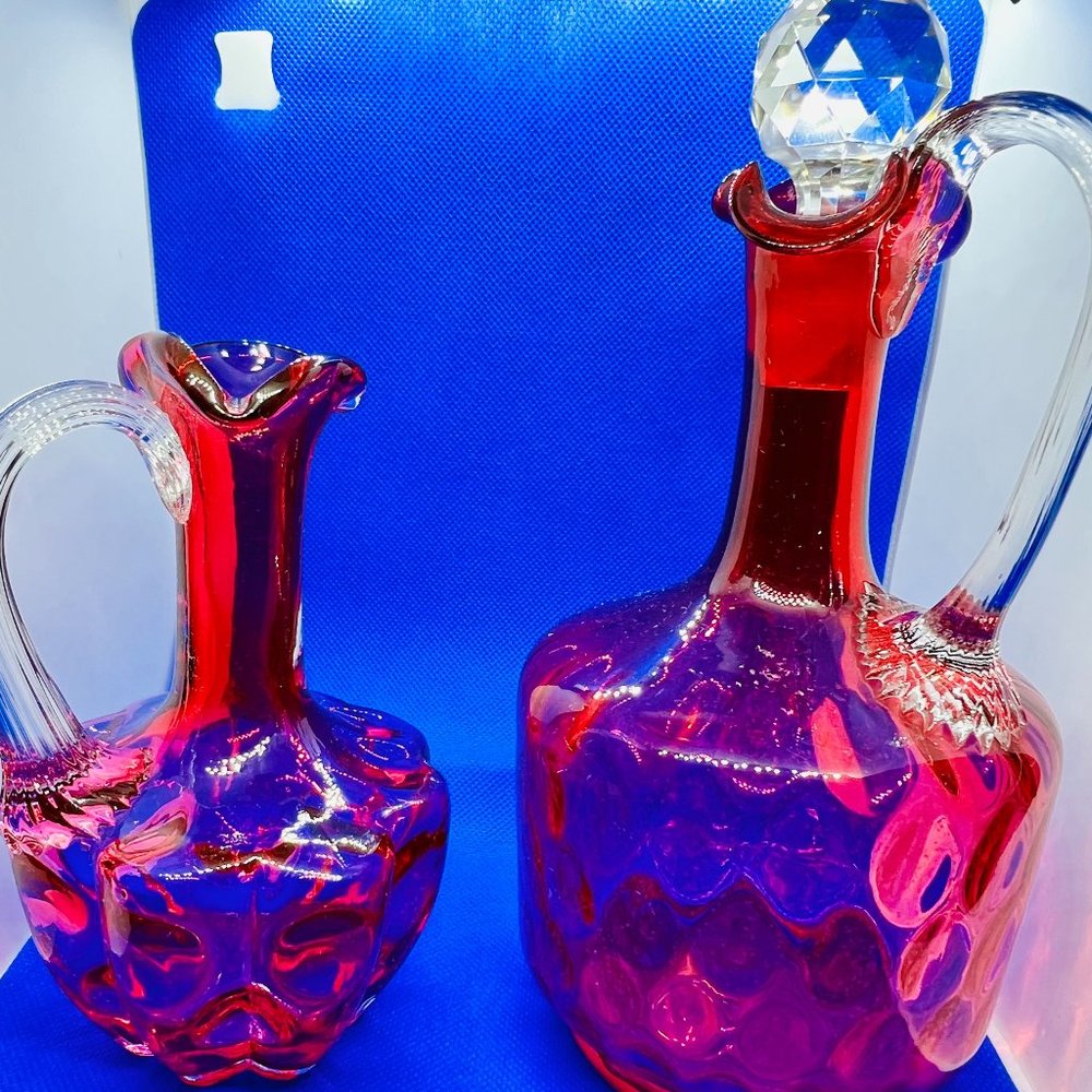 Two Rare Vintage Fenton Cruets, Cranberry with Stoppers